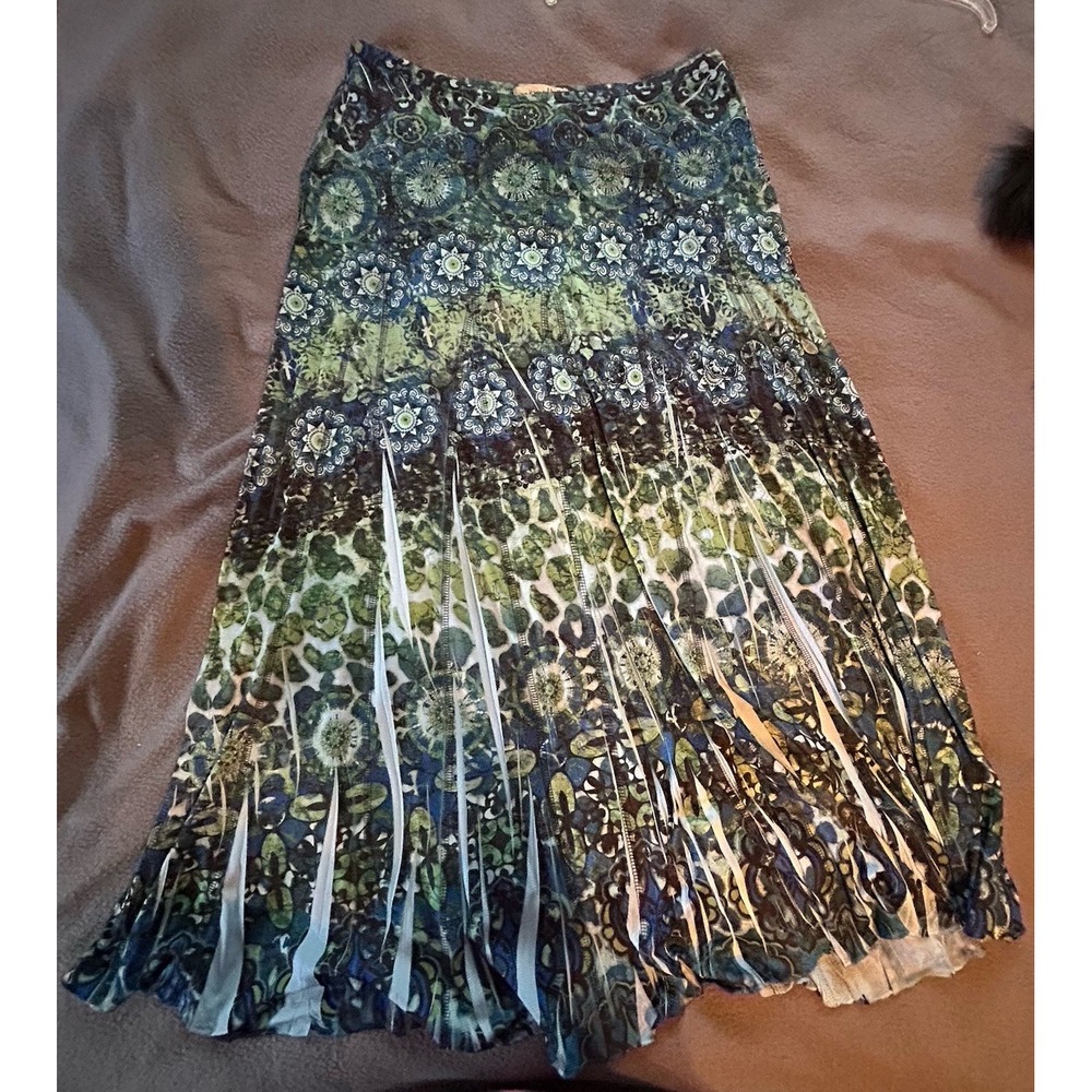 One World Live and Let Live Skirt Green Blue Boho Mixed Print Mesh Godet Midi M